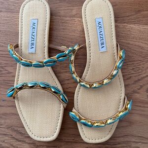AQUAZZURA Off To Bali Raffia Sandal In Brown 37.5/7, new